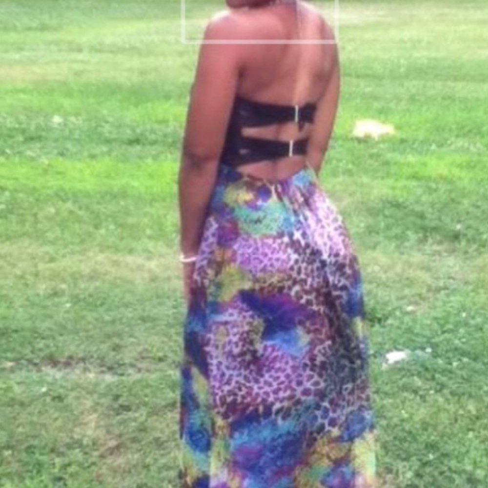 Floor length multi pattern bustier dress